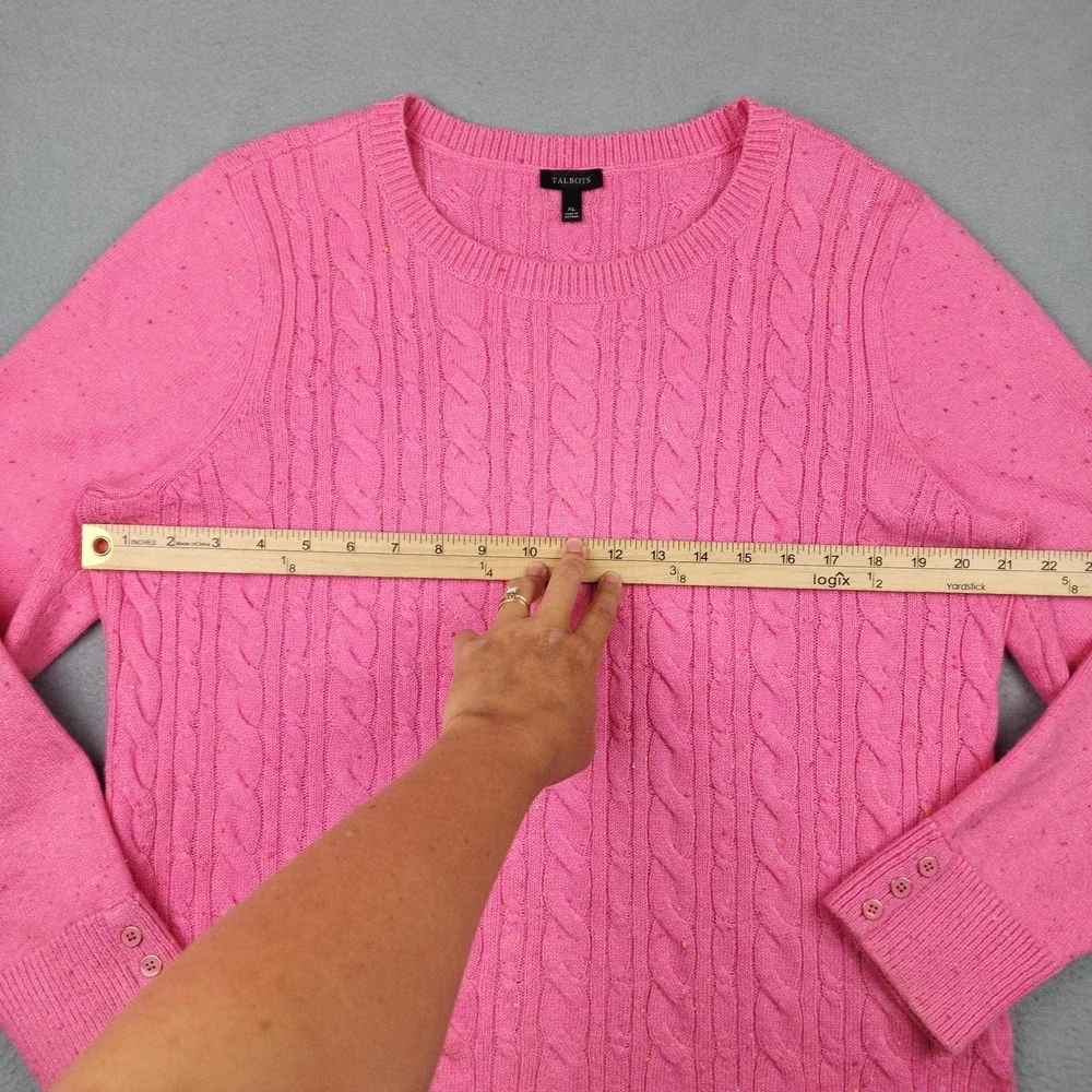 Talbots Sweater Womens XL Pink Confetti Cable Knit Crewneck Button Cuff Pullover - Picture 8 of 11